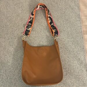 Ahdorned crossbody bag. Vegan camel leather. Camo strap that can be changed out